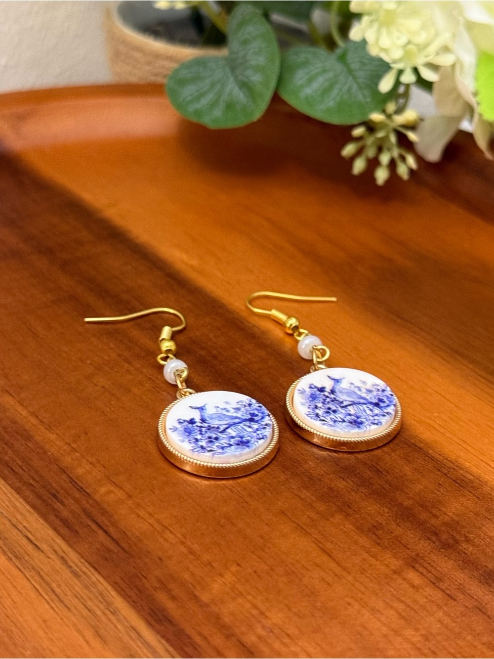 Gold Blue Floral Porcelain Drop Earrings - Unbranded